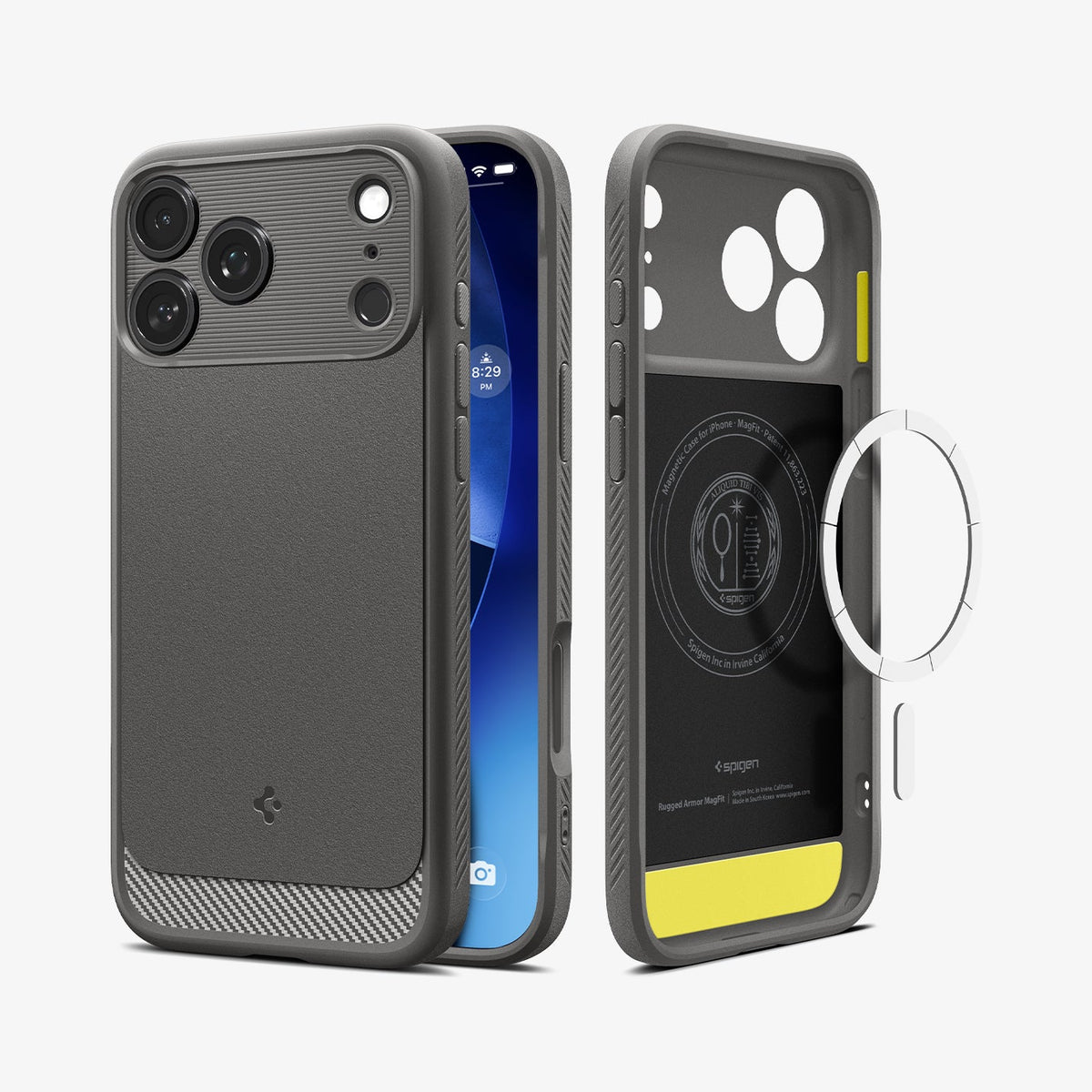 ACS09941 - iPhone 18 Pro / iPhone 17 Pro Rugged Armor (MagFit) in Gray showing the back, partial sides, front, inner of the case and metal ring plate hovering in front
