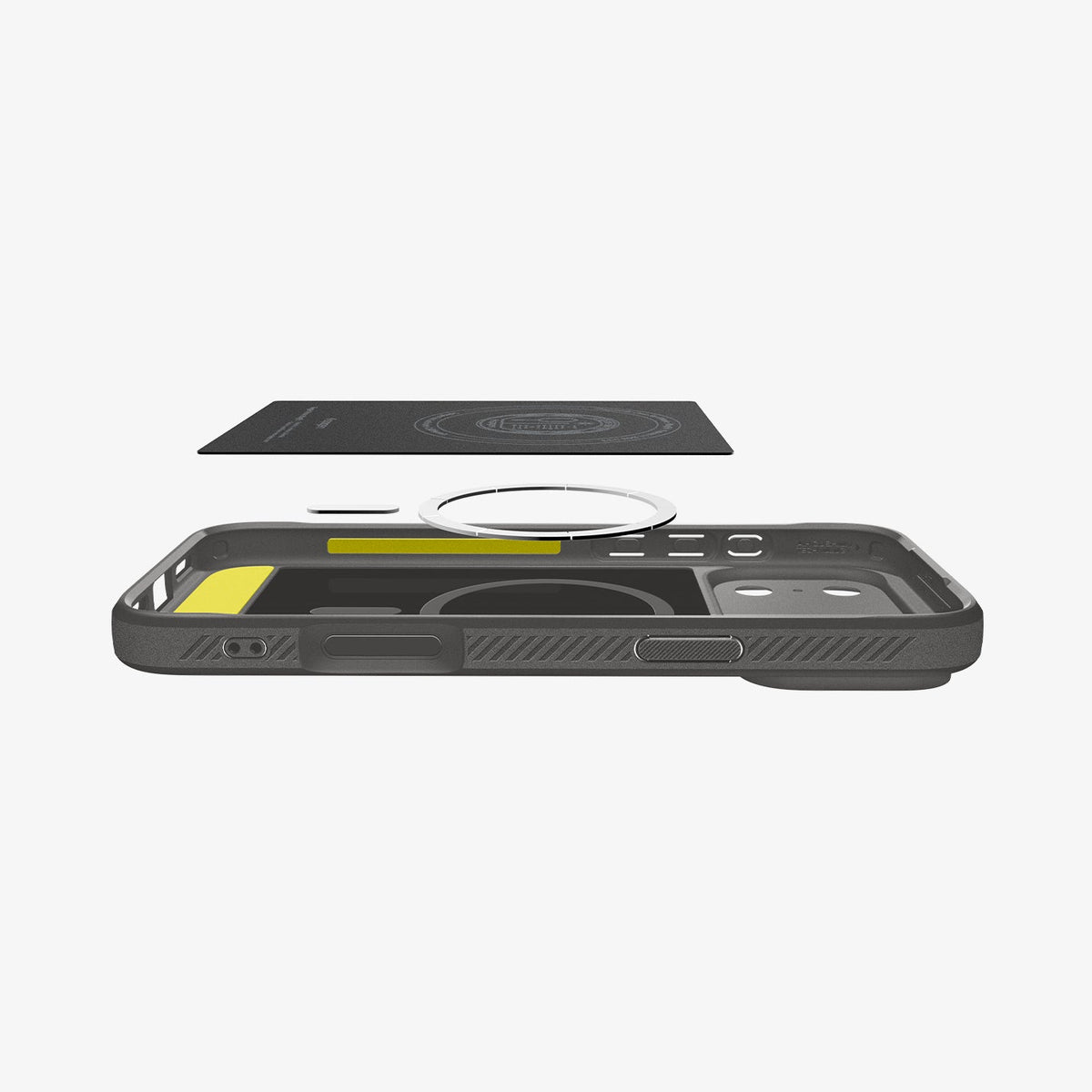ACS09941 - iPhone 18 Pro / iPhone 17 Pro Rugged Armor (MagFit) in Gray showing the detached inner soft layer cover hovering above the detached metal ring plate and the inner of the case