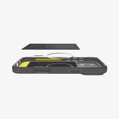ACS09887 - iPhone 18 Pro Max / iPhone 17 Pro Max Rugged Armor (MagFit) in Gray showing the detached inner soft layer cover hovering above the detached metal ring plate and the inner of the case
