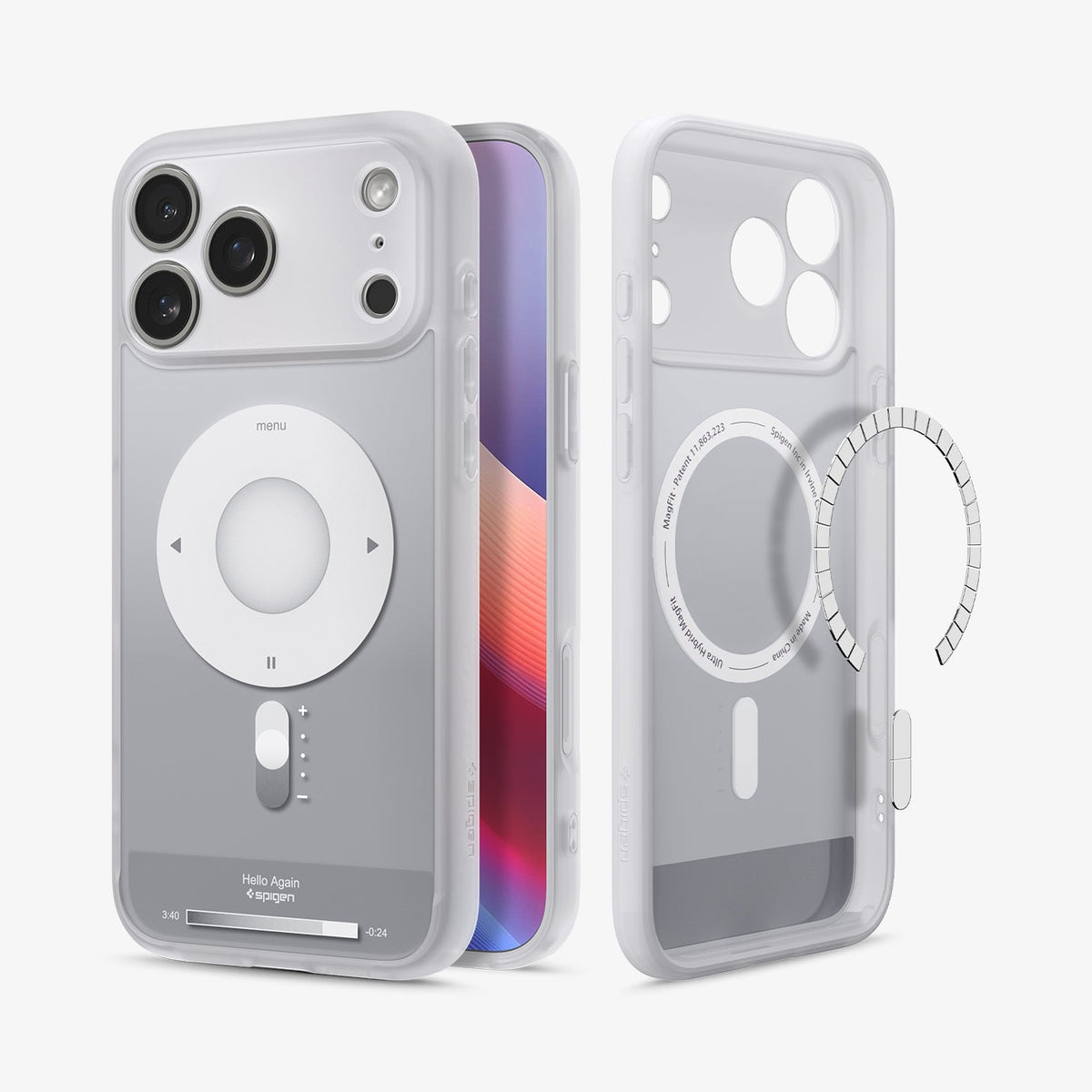 ACS10044 - iPhone 17 Pro Max Case Ultra Hybrid Classic (MagFit) in Classic Silver showing the back, partial front, and inner while detached magnet is hovering in front of the case