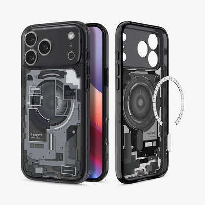 ACS10042 - iPhone 17 Pro Max Case Ultra Hybrid Zero One (MagFit) in Zero One Black showing the back, partial front, and inner while detached magnet is hovering in front of the case
