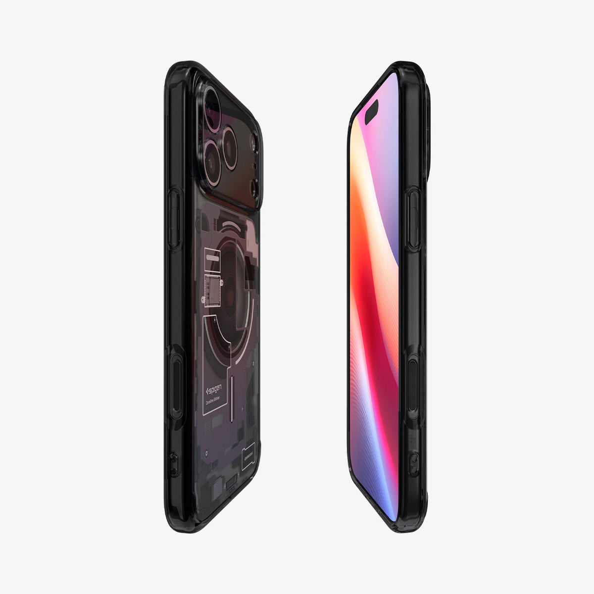 ACS10042 - iPhone 18 Pro Max / iPhone 17 Pro Max Ultra Hybrid Zero One (MagFit) Black showing front and back angled views with a clear profile, covered buttons, and detailed teardown-inspired graphics