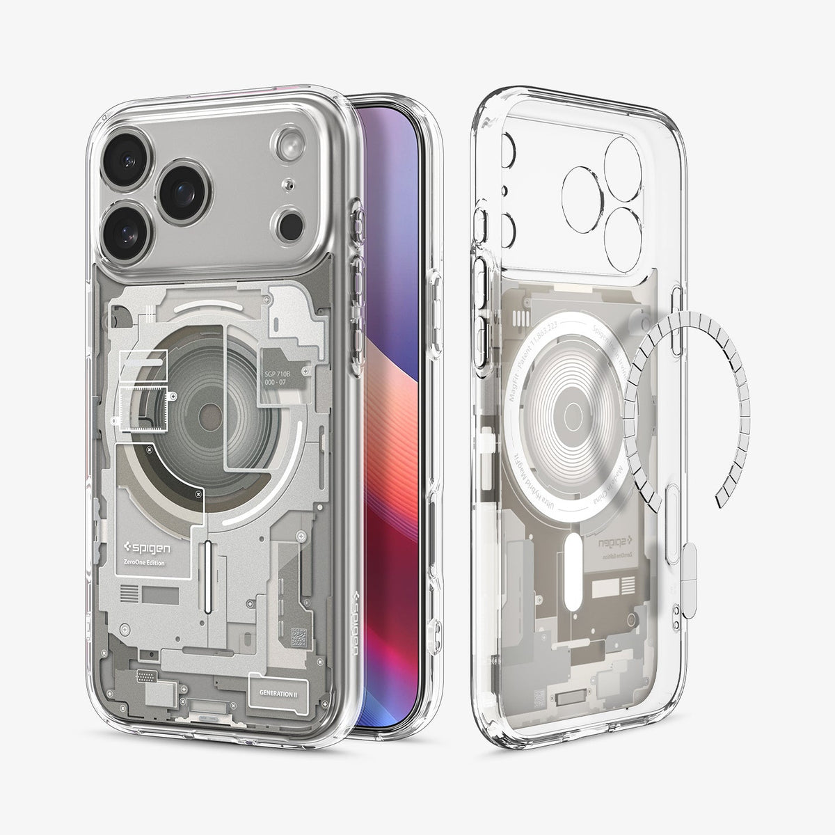 ACS10072 - iPhone 18 Pro / iPhone 17 Pro Ultra Hybrid Zero One (MagFit) Natural Titanium showing front and back angled views with transparent protection and a teardown-inspired design