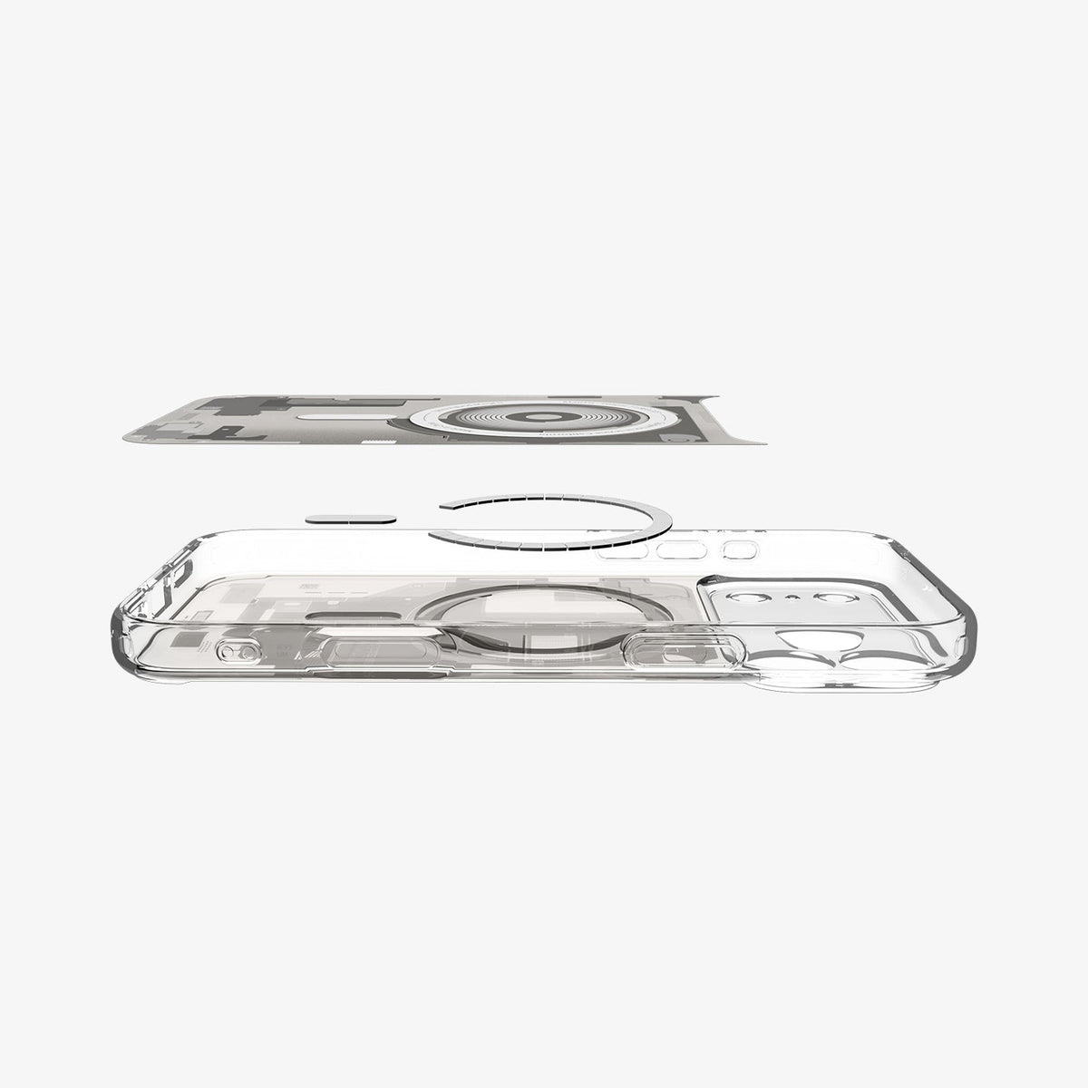 ACS10041 - iPhone 17 Pro Max Case Ultra Hybrid Zero One (MagFit) in Zero One Natural Titanium showing the inner sticker, hovering above the detached magnet ring and the case