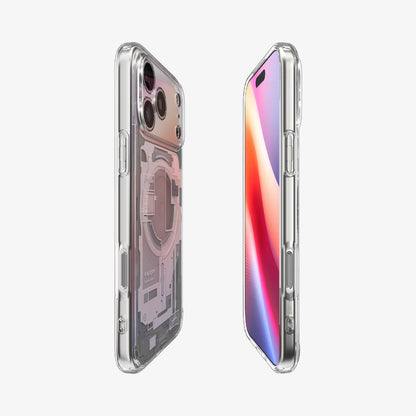 ACS10071 - iPhone 18 Pro / iPhone 17 Pro Ultra Hybrid Zero One (MagFit) White showing front and back angled views with a clear profile, covered buttons, and detailed teardown-inspired graphics