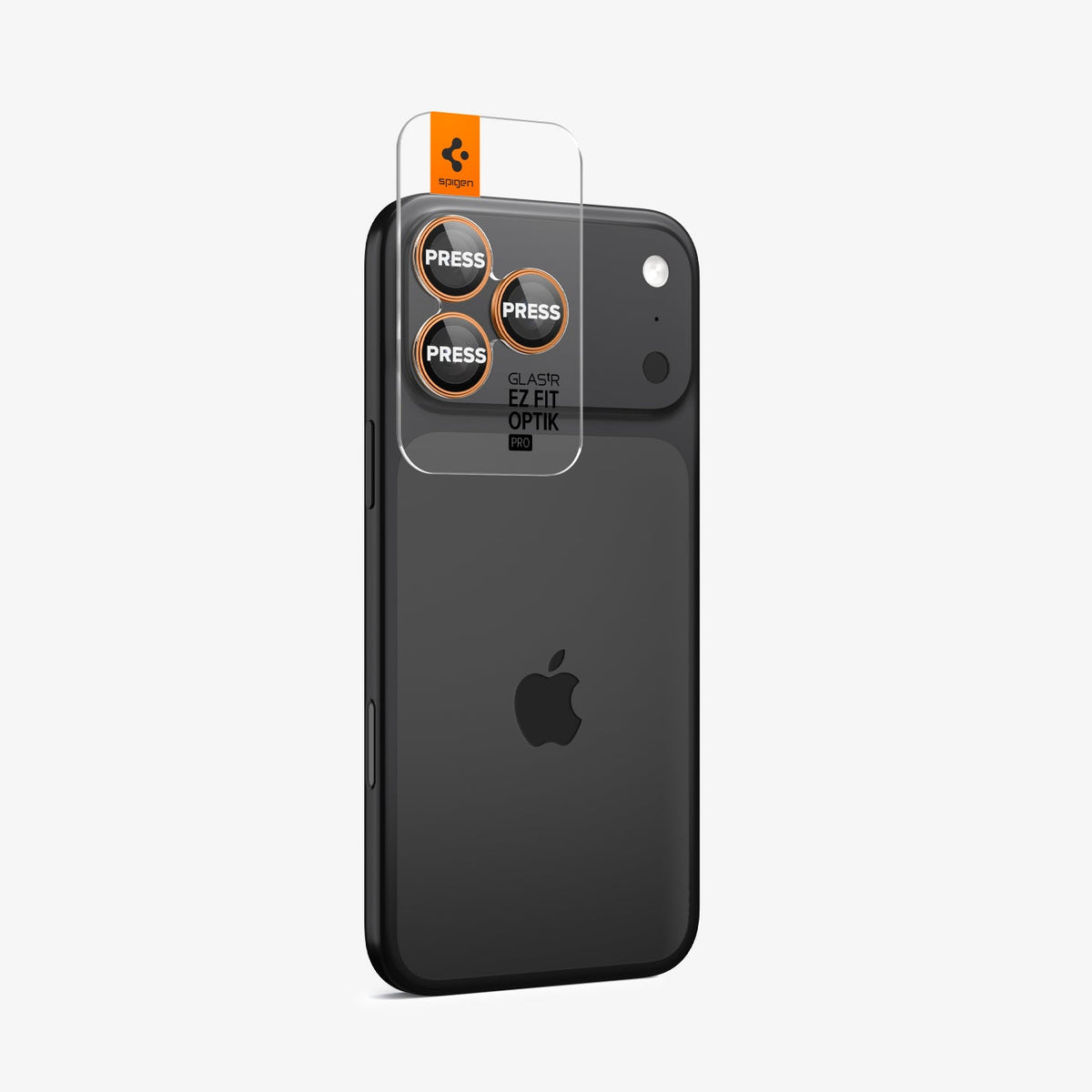 AGL10123 - iPhone 17 Pro Max Optik Pro EZ Fit Lens Protector in orange showing the back and side with ez fit tray on device