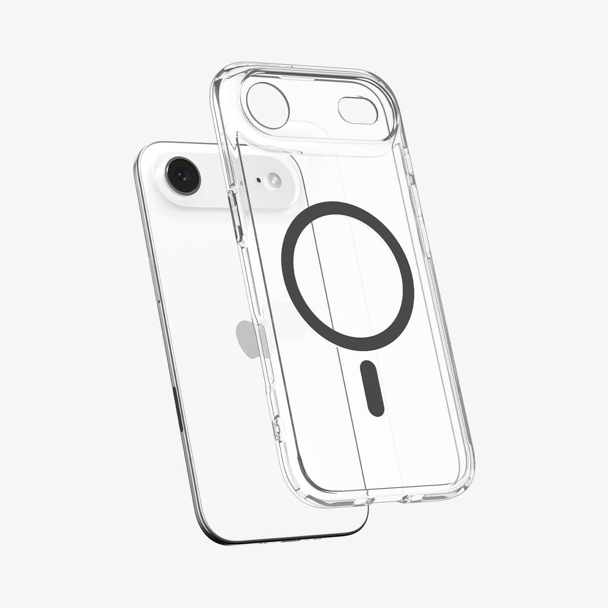 ACS10052 - iPhone 17 Air Ultra Hybrid (MagFit) in Clear Graphite showing the front of layer hovering above the magfit magnet plate and the case