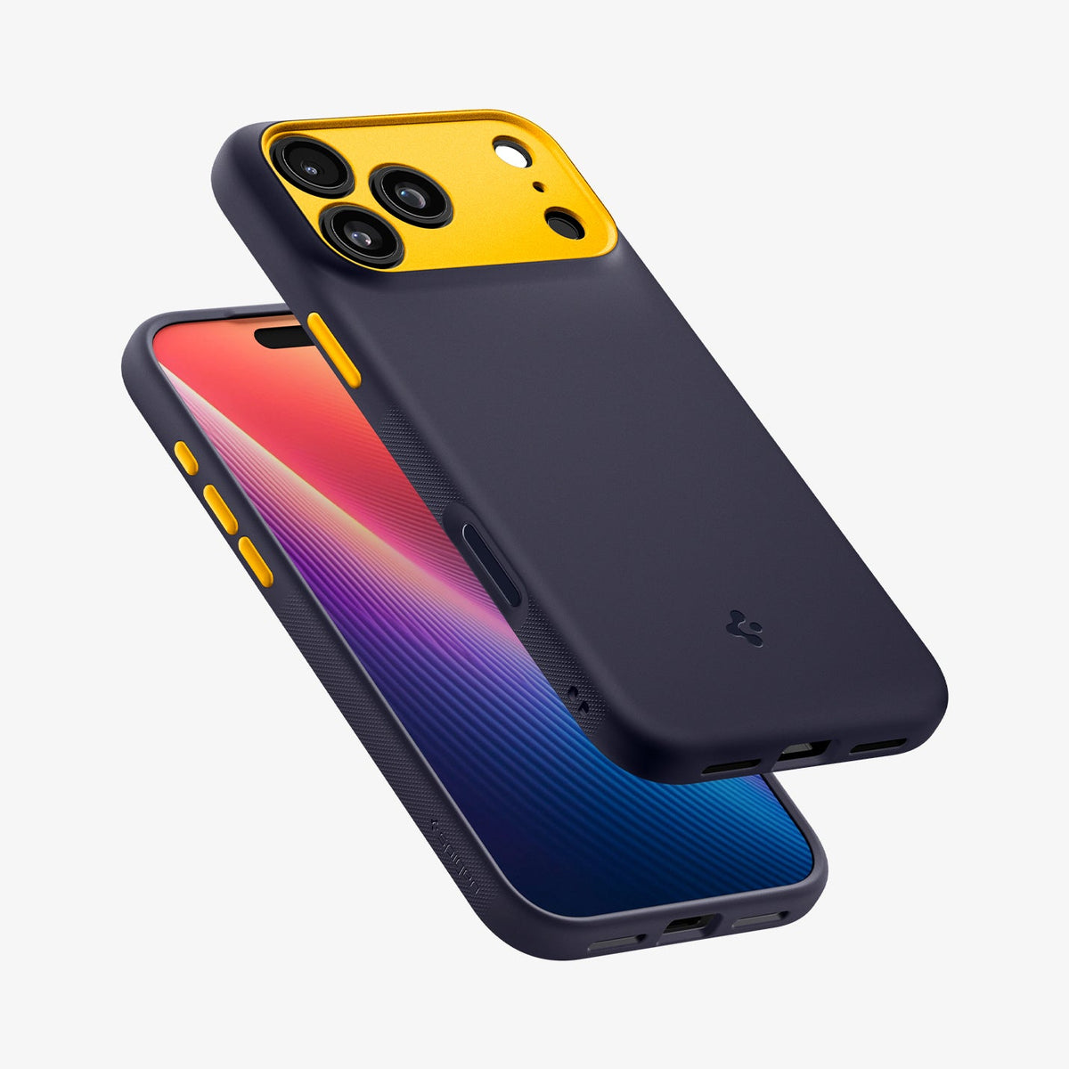 ACS09966 - iPhone 18 Pro / iPhone 17 Pro Nano Pop (Mag Fit) in Blueberry Navy showing angled front and back views highlighting the smooth finish, textured grip, and precise button coverage