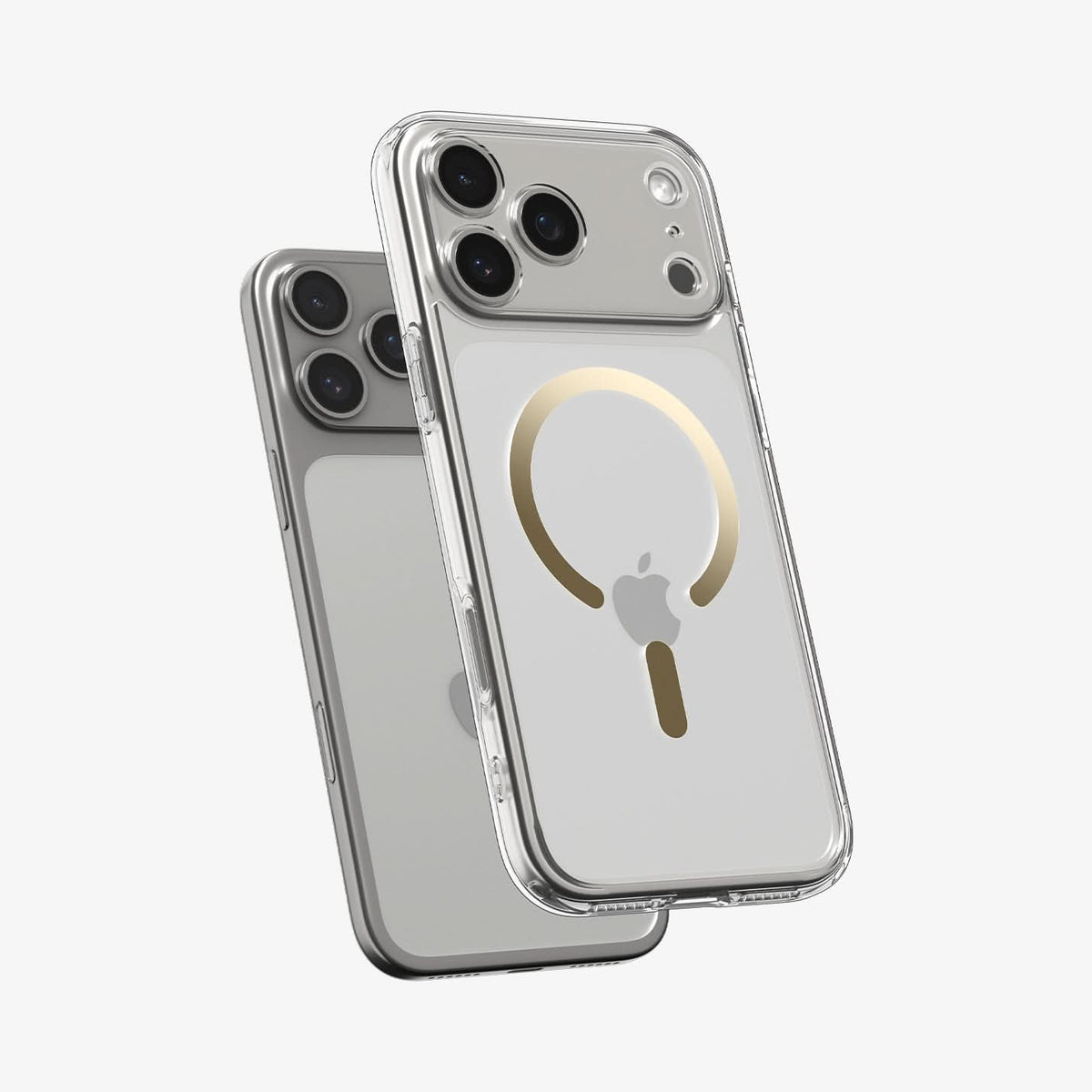 ACS10068 - iPhone 17 Pro Ultra Hybrid (MagFit) in Clear Gold showing the front of layer hovering above the magfit magnet plate and the case