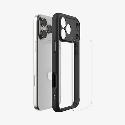 ACS10065 - iPhone 17 Pro Ultra Hybrid in Matte Black showing the back, detached from the frame of the case aligned with the device