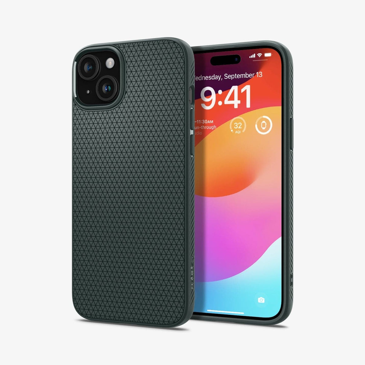 ACS06792 - iPhone 15 Case Liquid Air in abyss green showing the back and front