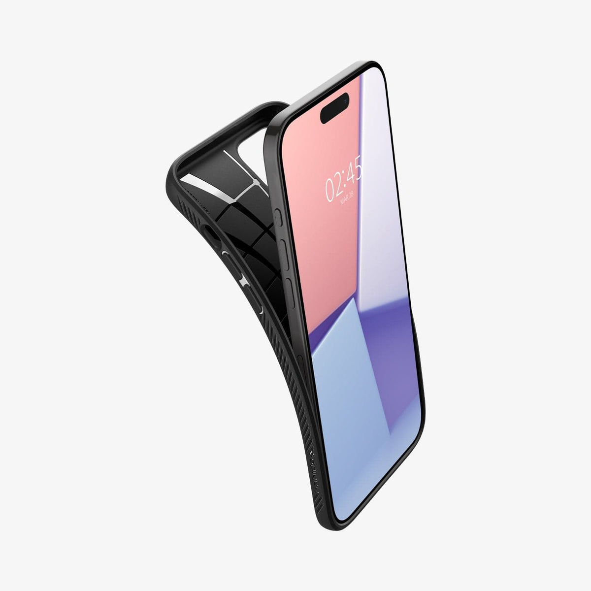 ACS06704 - iPhone 15 Pro Case Liquid Air in matte black showing the case bending away from device to show the flexibility
