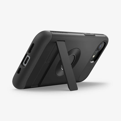 ACS09129 - iPhone 17e Case Slim Armor (MagFit) in Black showing the back, partial side and bottom propped up with the built-in kickstand