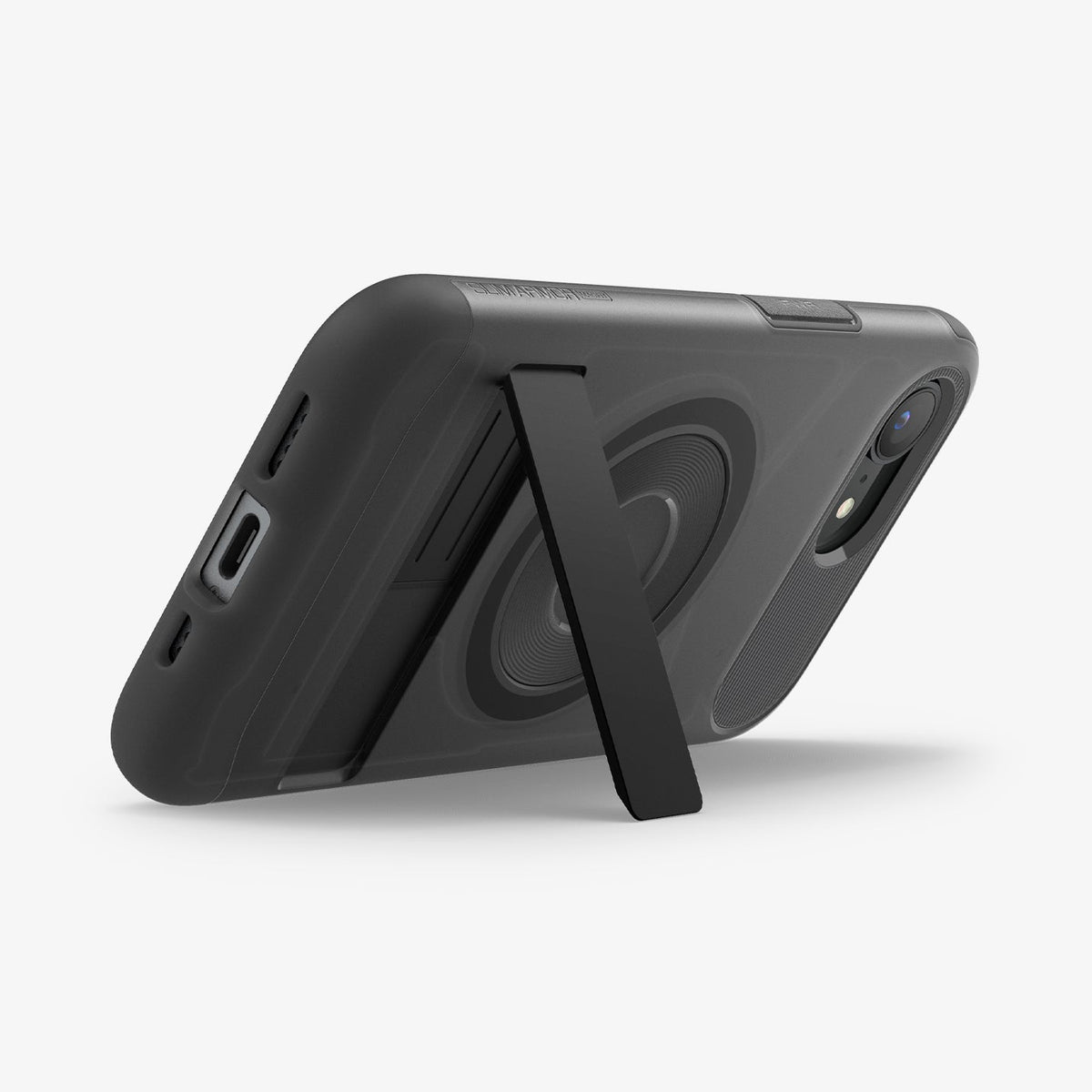 ACS09131 - iPhone 17e Case Slim Armor (MagFit) in Frost Black showing the back, partial side and bottom propped up with the built-in kickstand