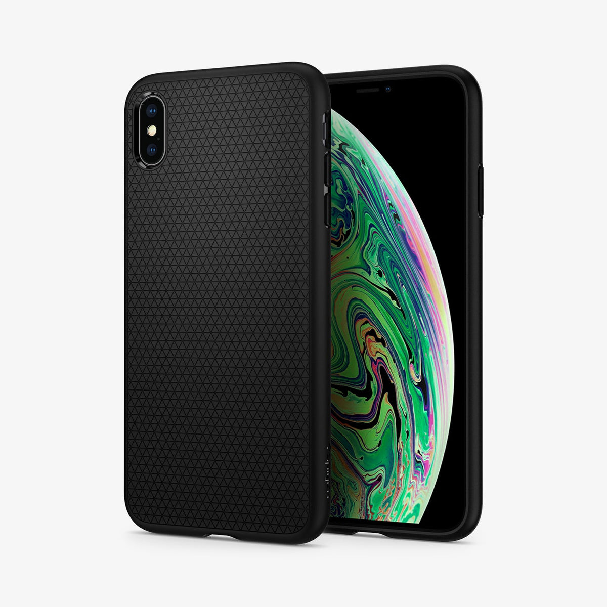 065CS25126 - iPhone XS Max Case Liquid Air in Matte Black showing the back, next to it, a device showing front