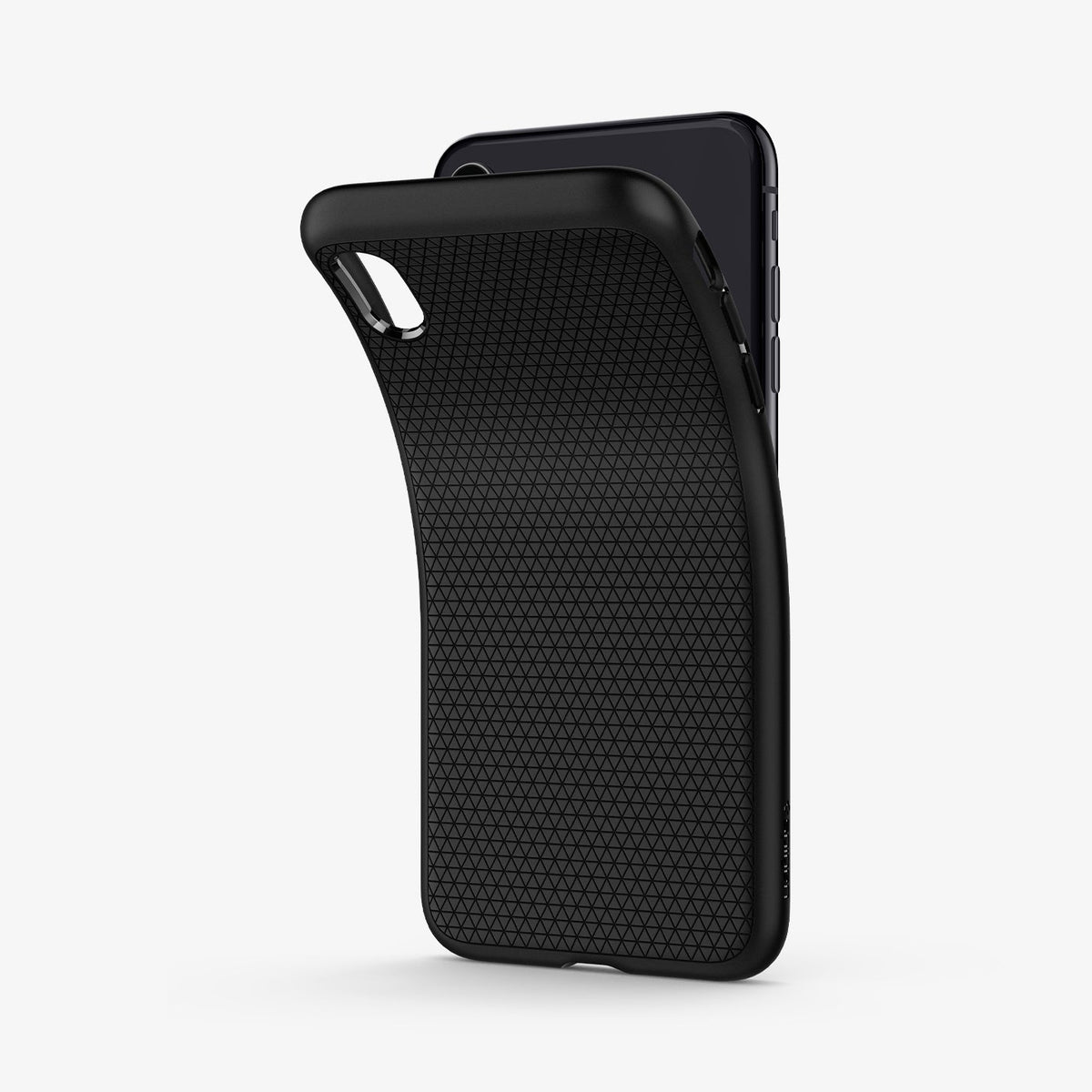 065CS25126 - iPhone XS Max Case Liquid Air in Matte Black showing the back of soft tpu back case partially peeled from behind a device