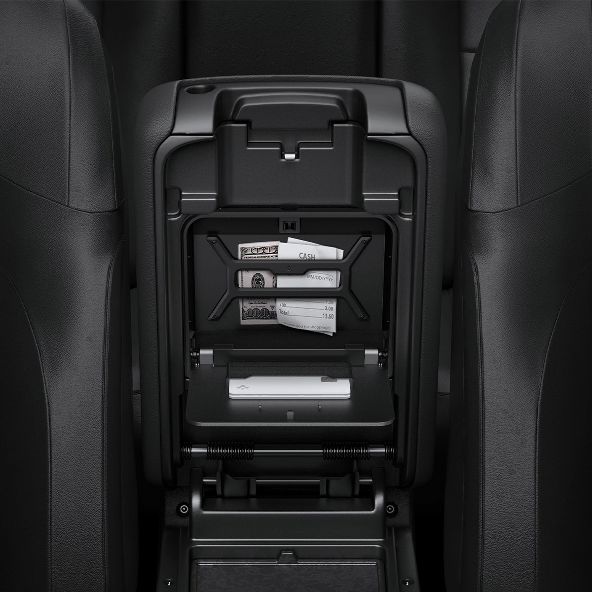 ACP09216 - Jeep Series - Center Console Hidden Storage Box | JO221 showing inside with cash storage.