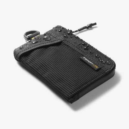 AFA11229 - Soft Card Holder | LF300 in Black showing angled front view with water droplets beading on the diamond-pattern ripstop fabric and mesh exterior, demonstrating water-resistant performance.