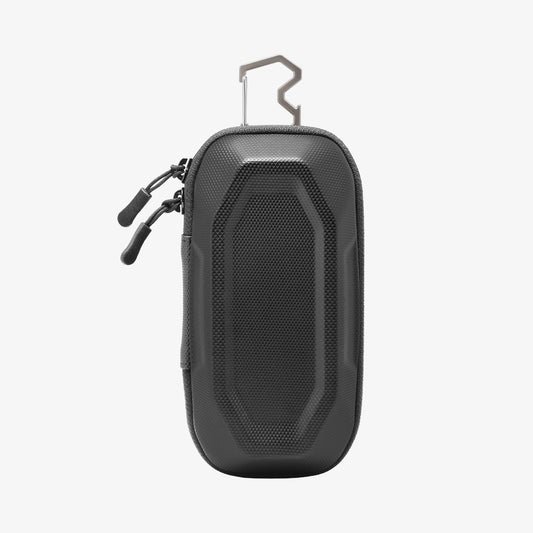 ACS09444 - [LF520] Universal Sunglass Case in Black showing a compact textured hard-shell exterior with dual zipper pulls and a sturdy metal carabiner clip for secure attachment.