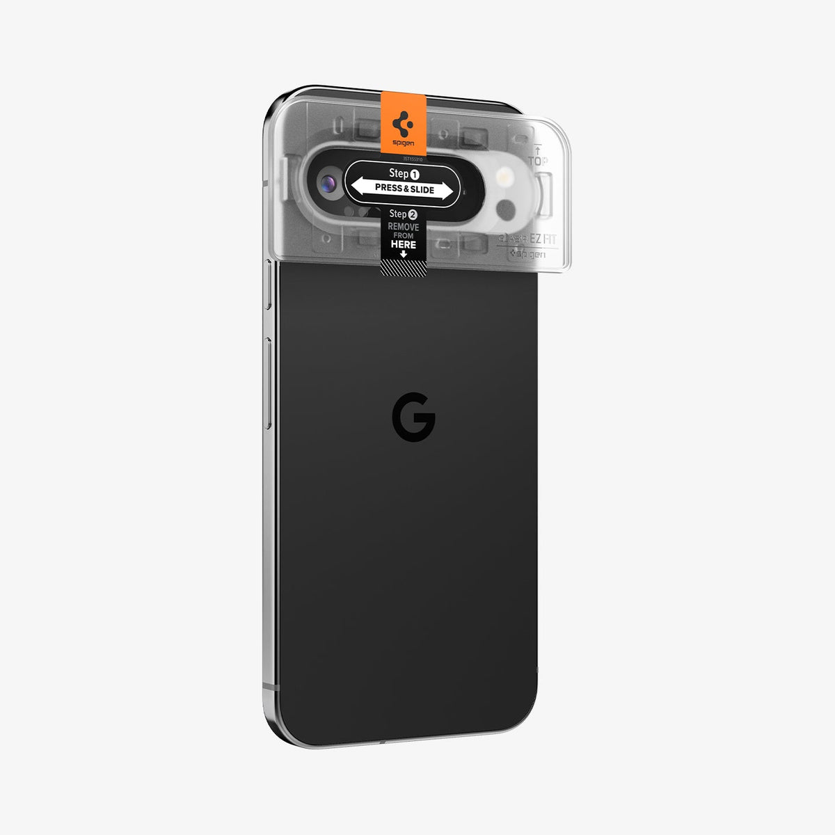 AGL08444 - Pixel 9 Pro Case Optik EZ Fit Lens Protector in Crystal Clear showing the installation tray hovering in front of the lens protector and the device