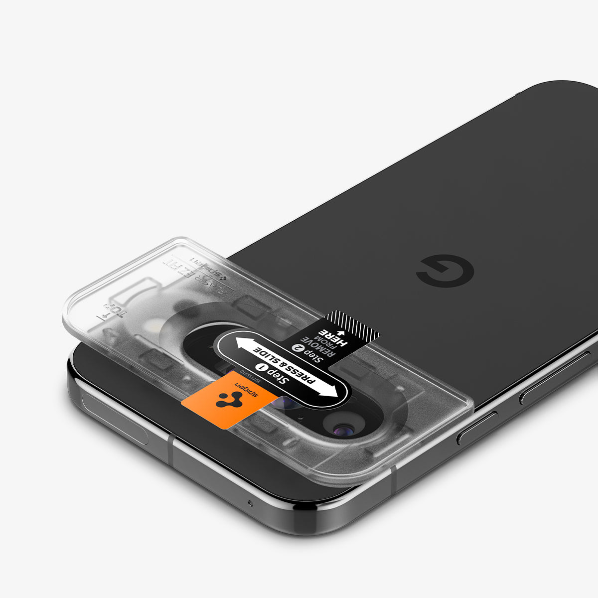 AGL08444 - Pixel 9 Pro Case Optik EZ Fit Lens Protector in Crystal Clear showing the installation tray with lens attached to the device