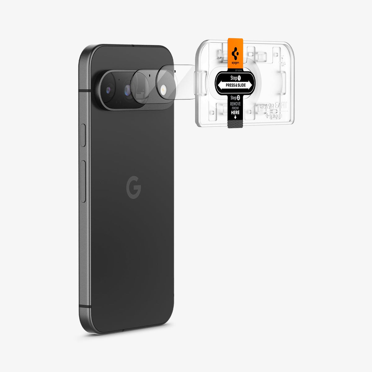 AGL08443 - Pixel 9 Case Optik EZ Fit Lens Protector in Crystal Clear showing the installation tray attached to the device