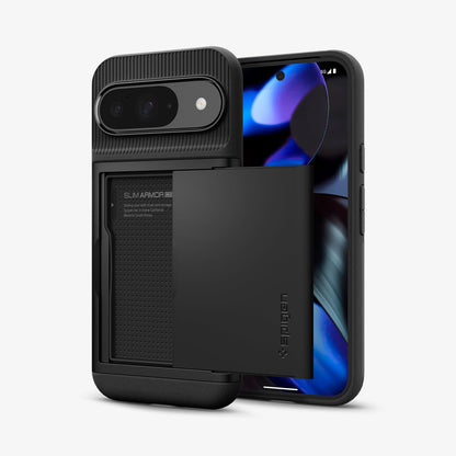 ACS07695 - Pixel 9 Pro Case Slim Armor CS in Black showing the back, card slider open, and behind it, a device showing partial front and sides