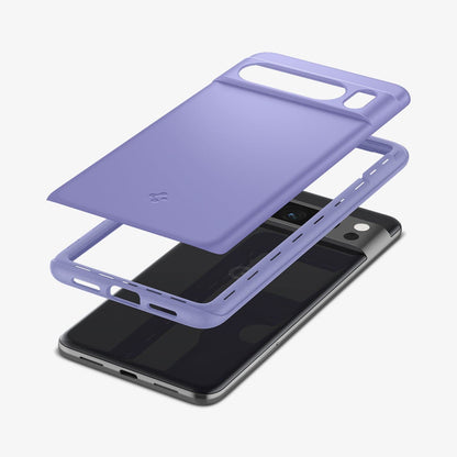 ACS06329 - Pixel 8 Pro Case Thin Fit in awesome violet showing the multiple layers of case hovering above the device