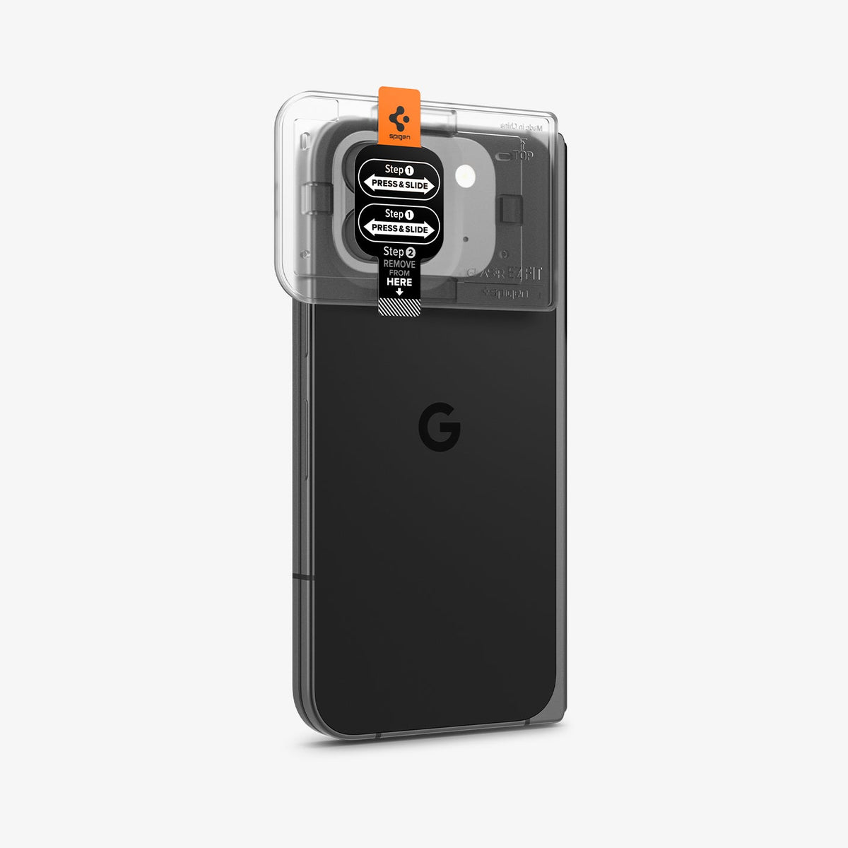 AGL09107 - Pixel 9 Pro Fold Optik EZ Fit Lens Protector in Crystal Clear showing the installation tray attached to the device