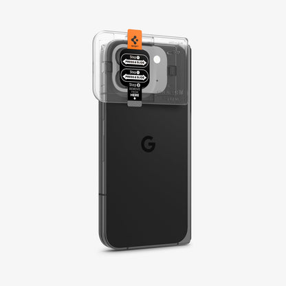 AGL09107 - Pixel 9 Pro Fold Optik EZ Fit Lens Protector in Crystal Clear showing the installation tray attached to the device