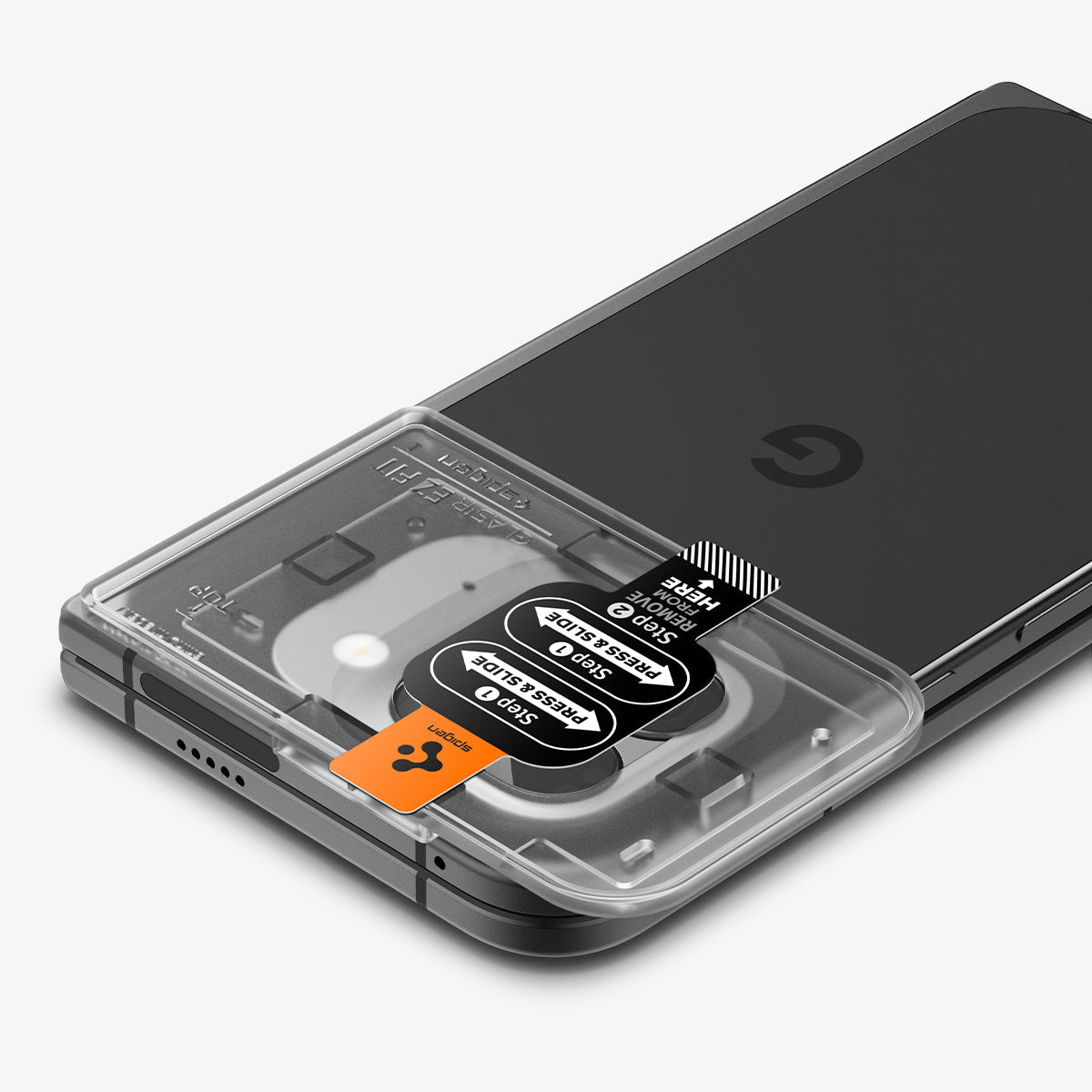 AGL09107 - Pixel 9 Pro Fold Optik EZ Fit Lens Protector in Crystal Clear showing the installation tray with lens attached to the device