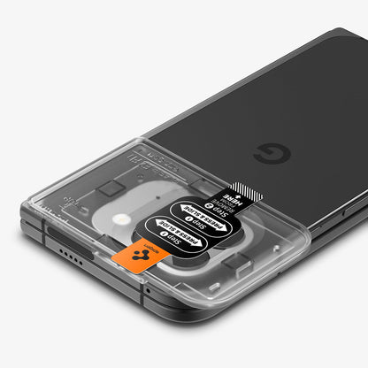 AGL09107 - Pixel 9 Pro Fold Optik EZ Fit Lens Protector in Crystal Clear showing the installation tray with lens attached to the device