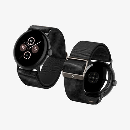 AMP07601 - Pixel Watch 5 (45mm) Lite Fit Black angled views highlighting the flexible woven construction and premium metal buckle.