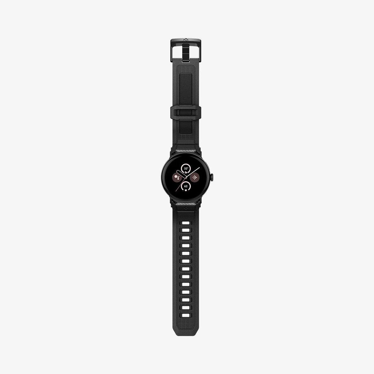 AMP07600 - Pixel Watch 4 (45mm) Series Rugged Band in black showing the front with watch band laid out flat
