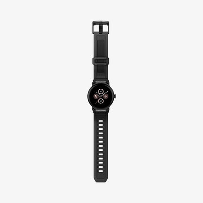 AMP07600 - Pixel Watch 4 (45mm) Series Rugged Band in black showing the front with watch band laid out flat