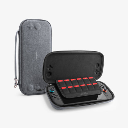 AGP10197 - Nintendo Switch 2 Klasden Pouch 2 in Charcoal Gray showing the inner with the device inside, another pouch from behind, showing the front