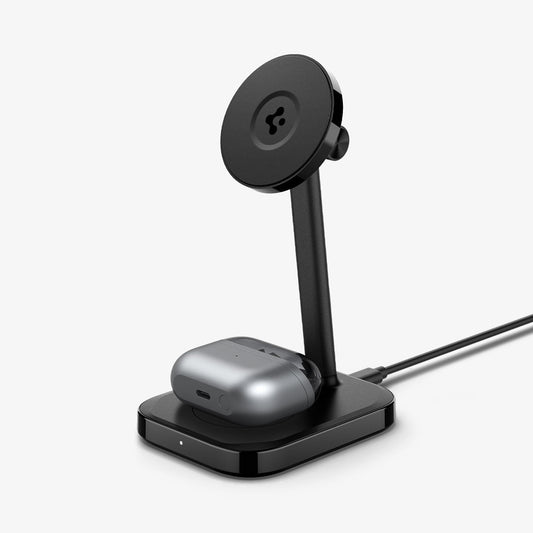 ACH08937 - ArcField™ Magnetic Wireless Charger Stand | PF2402 (MagFit) in Black showing the front and sides while charging AirPods wirelessly