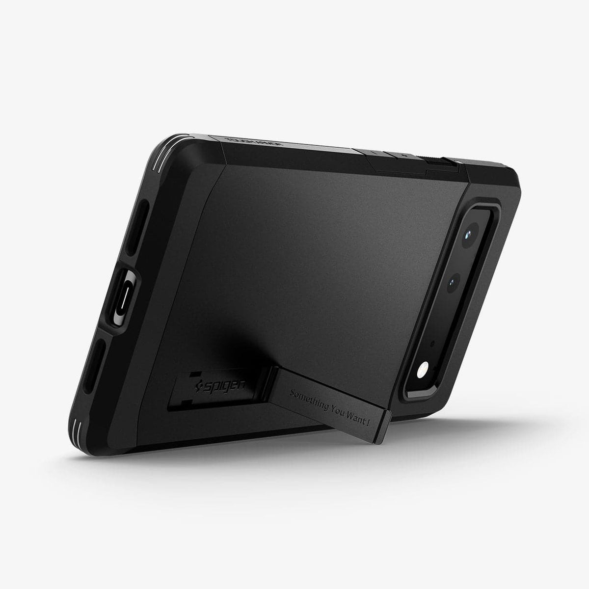 ACS03442 - Pixel 6 Case Tough Armor in black showing the back and bottom with device propped up horizontally by built in kickstand