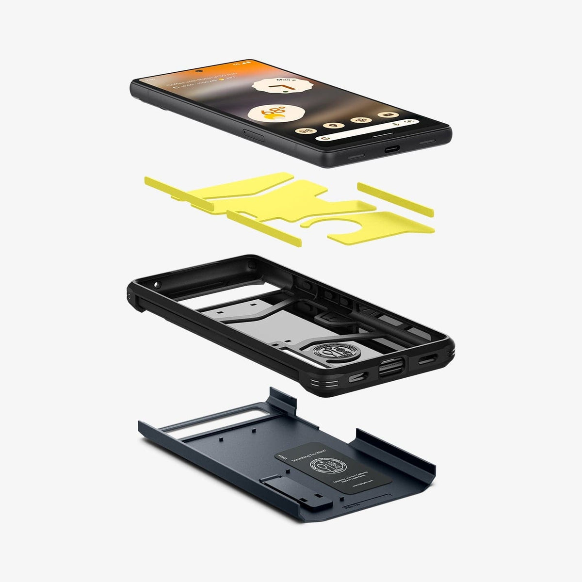 ACS04480 - Pixel 6a Case Tough Armor in metal slate showing the hard pc, flexible tpu, impact foam and device