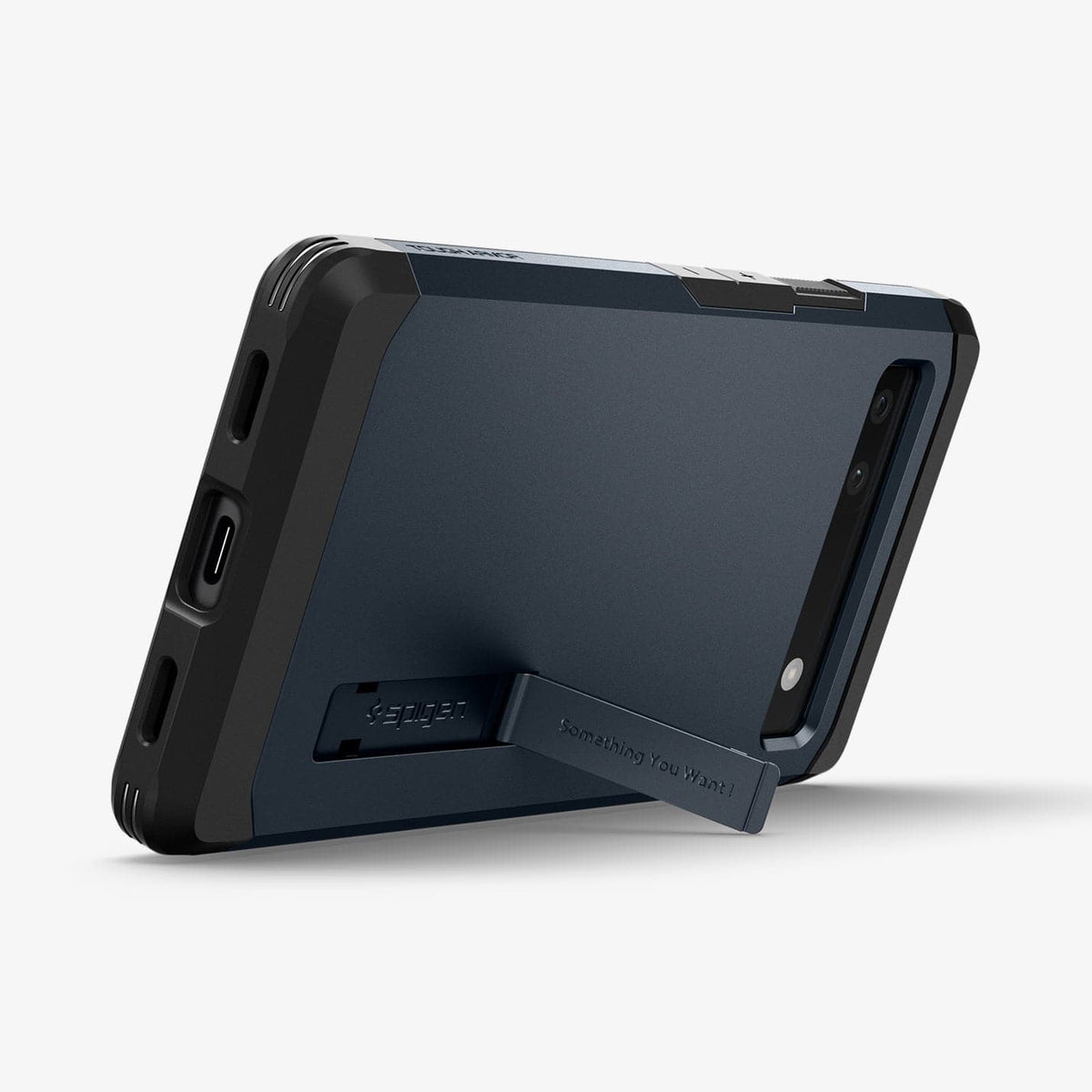 ACS04480 - Pixel 6a Case Tough Armor in metal slate showing the back and bottom with device propped up horizontally by built in kickstand