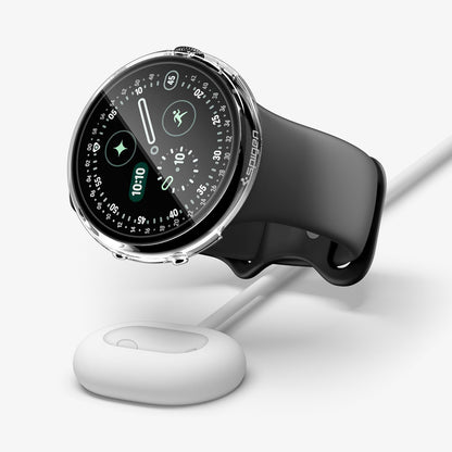 ACS11959 - Pixel Watch 5 (45mm) Thin Fit 360 Crystal Clear angled view highlighting the seamless fit while supporting case-on wireless charging.