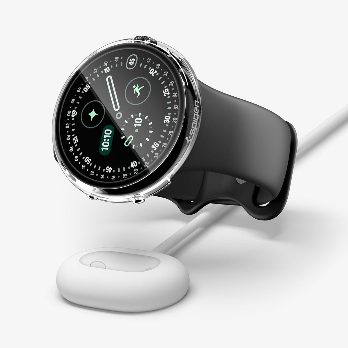ACS11960 - Pixel Watch 5 (41mm) Thin Fit 360 Crystal Clear angled view highlighting the seamless fit while supporting case-on wireless charging.