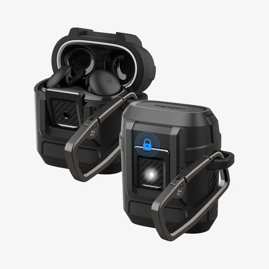 ACS09481 - Pixel Buds 2a Case Lock Fit in black showing the front and side for multiple earbuds with one top open