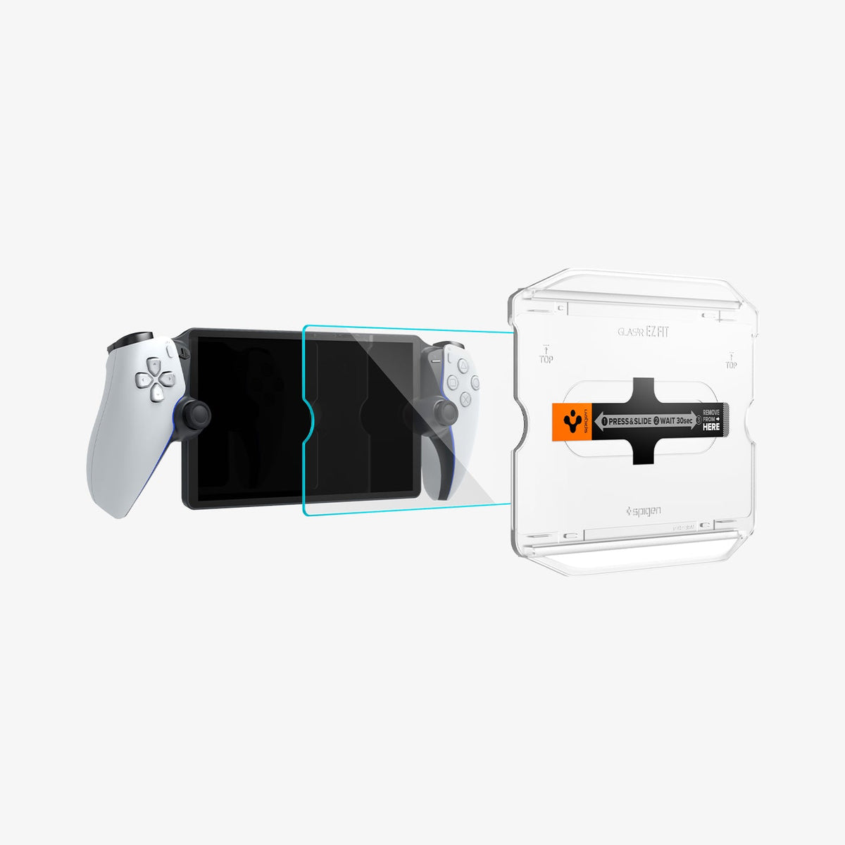 AGL07183 - Playstation Series GLAS.tR EZ Fit showing the installation tray hovering the glass protector and device