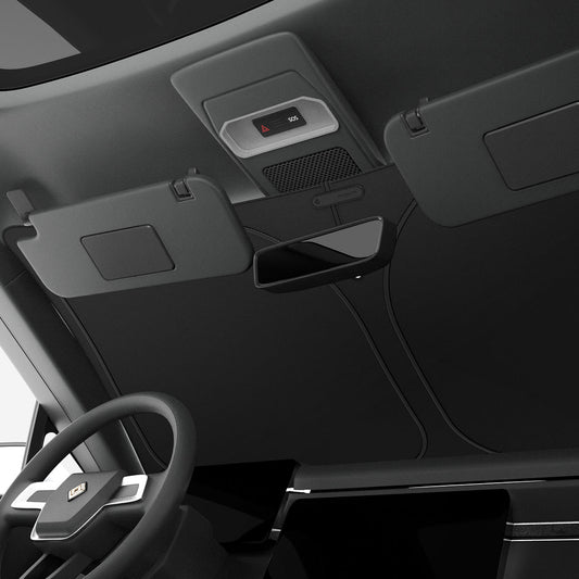 ACP09093 - R1S (2022-2025) Rivian CryoShade RO260 in Black showing the front of the vehicle installed with the sun protector