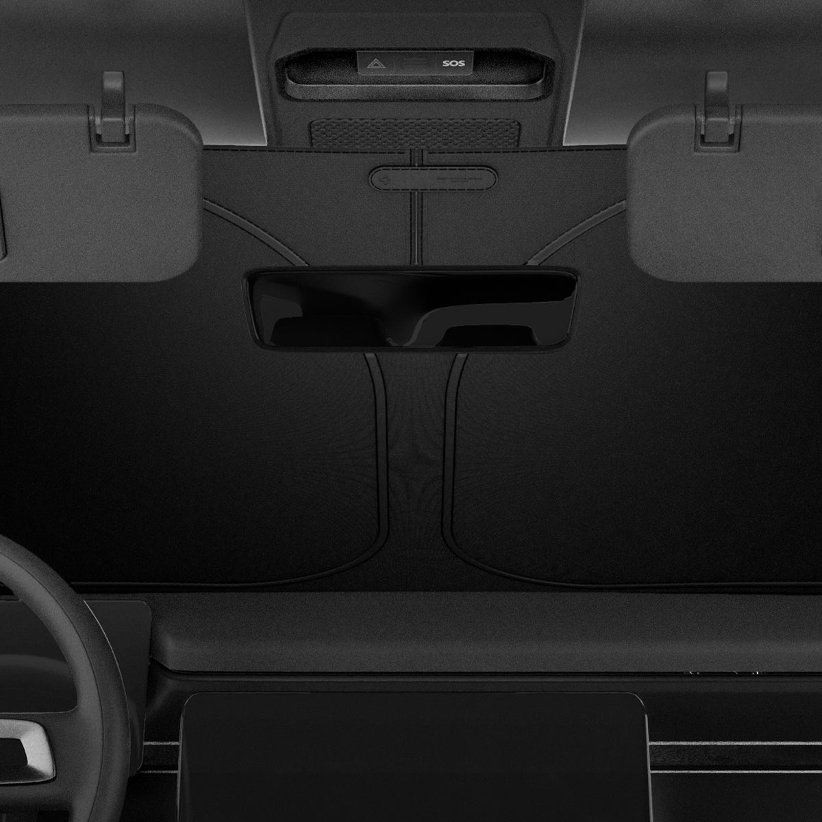 ACP09093 - R1S (2022-2025) Rivian CryoShade RO260 in Black showing the front inside the vehicle with sunshade installed