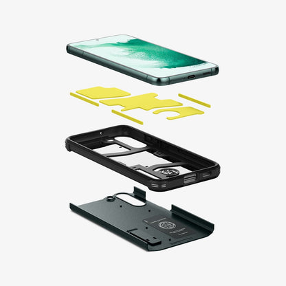 ACS04387 - Galaxy S22 5G Case Tough Armor in abyss green showing the hard PC, flexible TPU, and impact foam layers