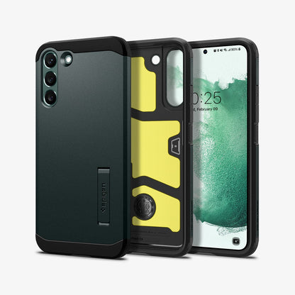 ACS04522 - Galaxy S22 Plus 5G Case Tough Armor in abyss green showing the back, inside and front