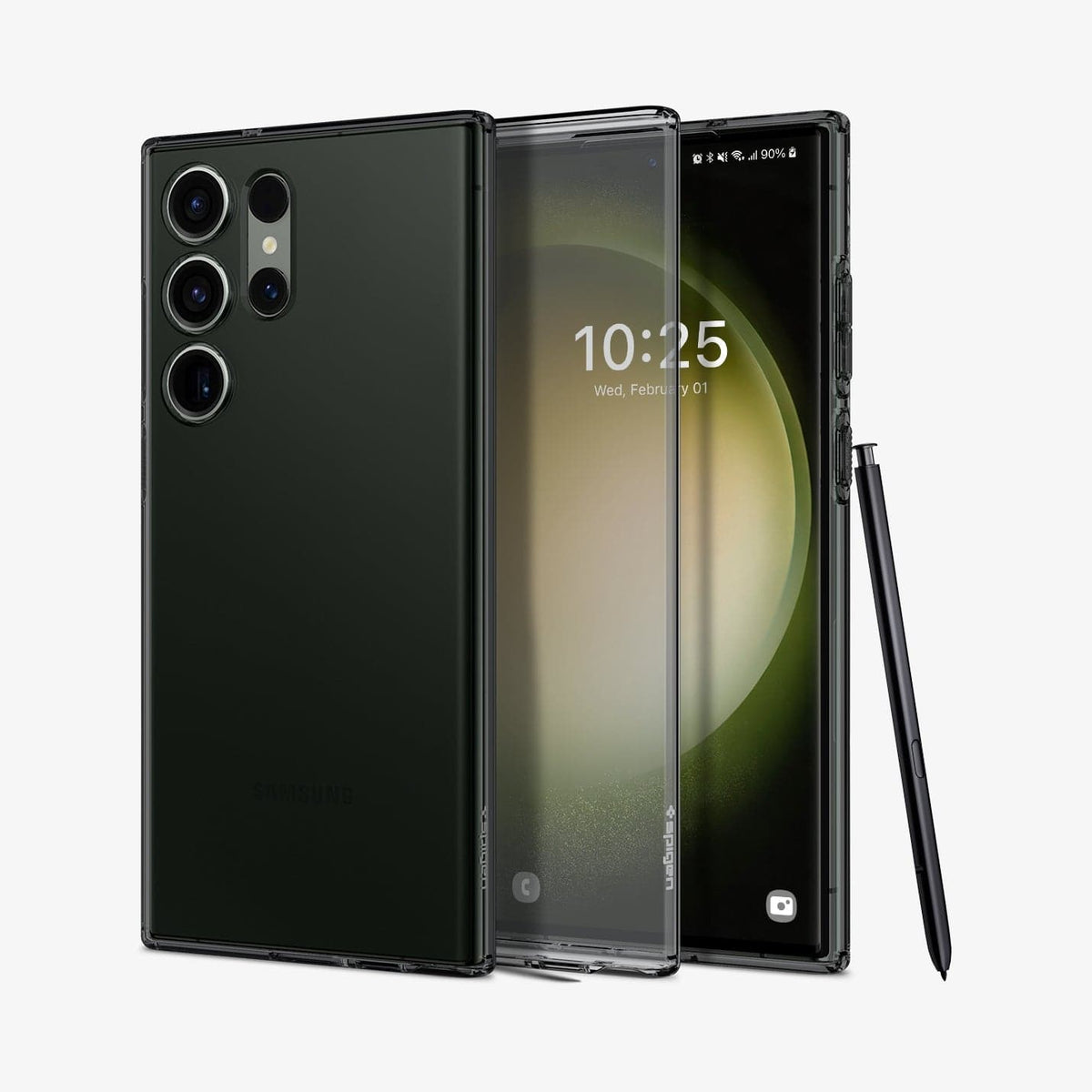 ACS05611 - Galaxy S23 Ultra Case Liquid Crystal in space crystal showing the back, inside and front with s pen leaning against device