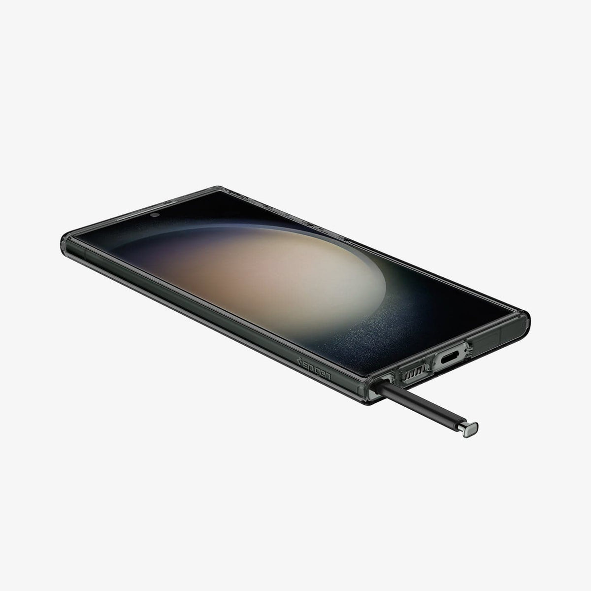 ACS05611 - Galaxy S23 Ultra Case Liquid Crystal in space crystal showing the front, side and bottom with s pen sticking out of slot